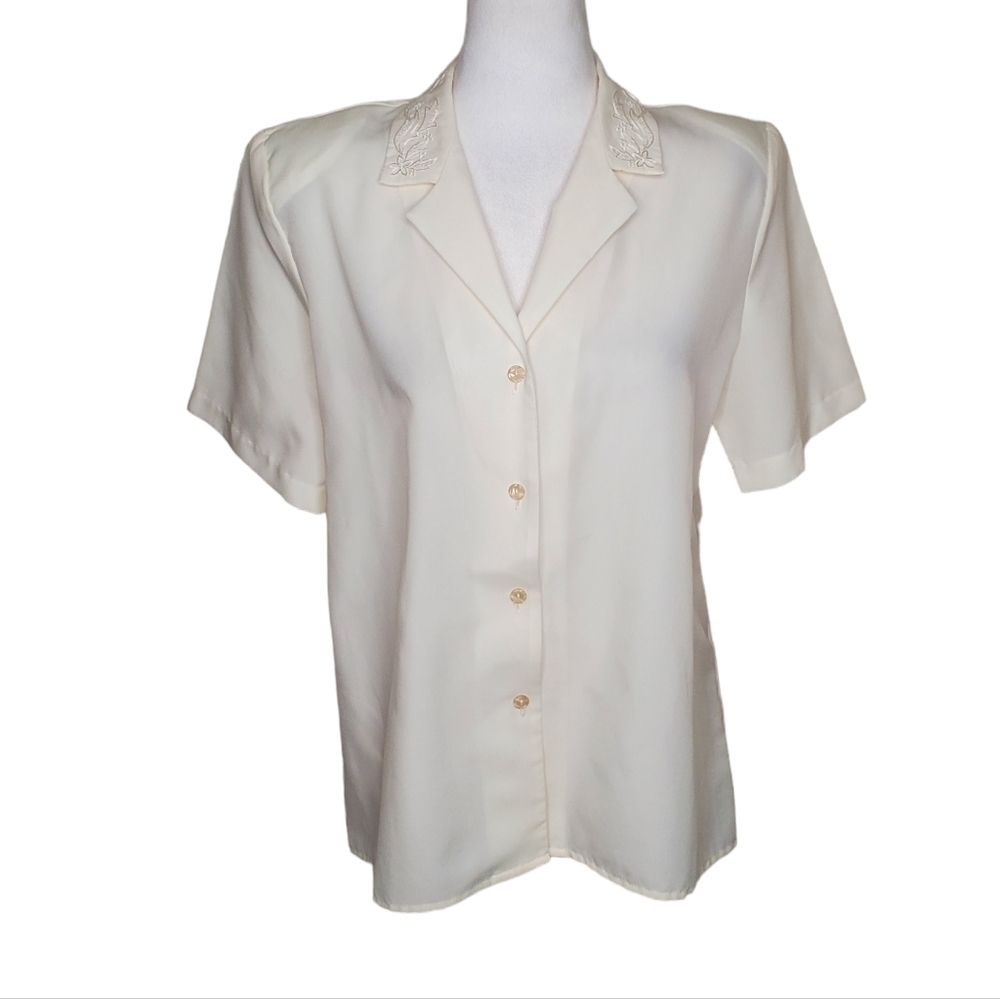 Vintage Inseparables Off-White Button Up Blouse Embroidered, Short Sleeve, Sz 12